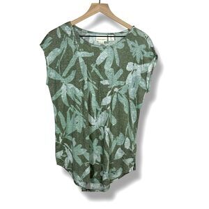 Cynthia Rowley Womens Linen Top M Green Tropical Floral Cap Sleeve Coastal Boho